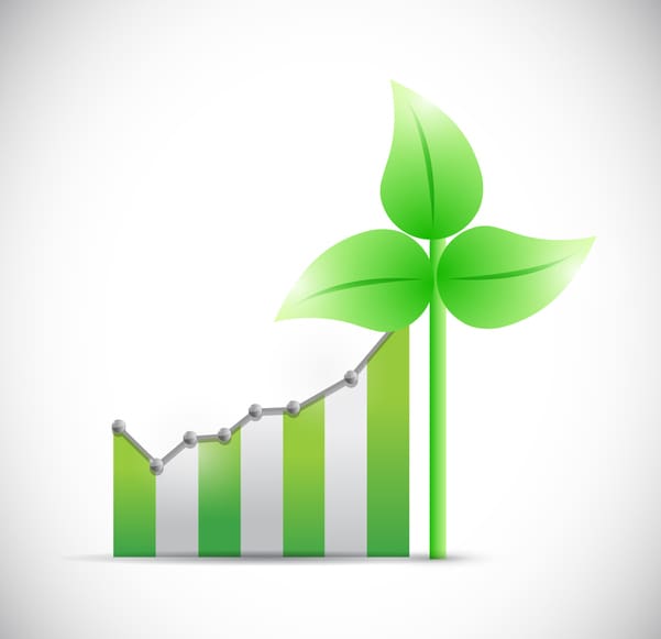 An image with a bar graph leading up to a plant depicting sustained business growth